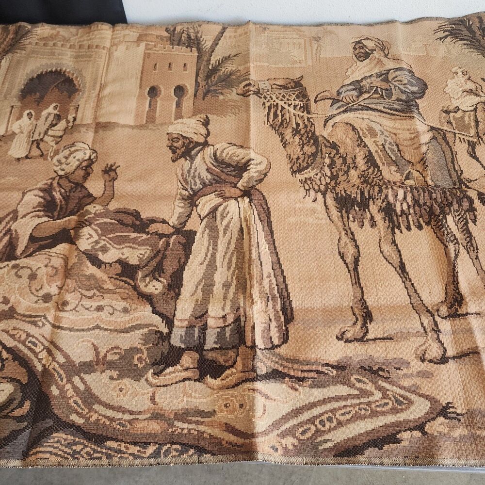 Vintage Machine Woven Jacquard Tapestry Middle Eastern Orientalist Caravan Scene